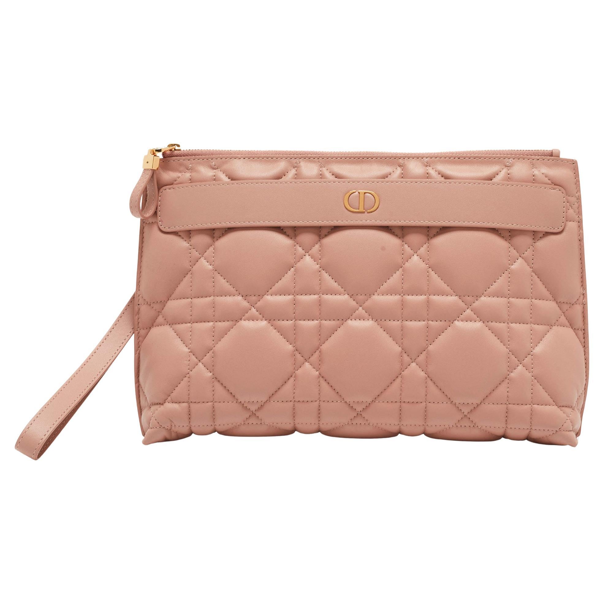 Dior Pink Cannage Leather Large Caro D-Every Pouch For Sale