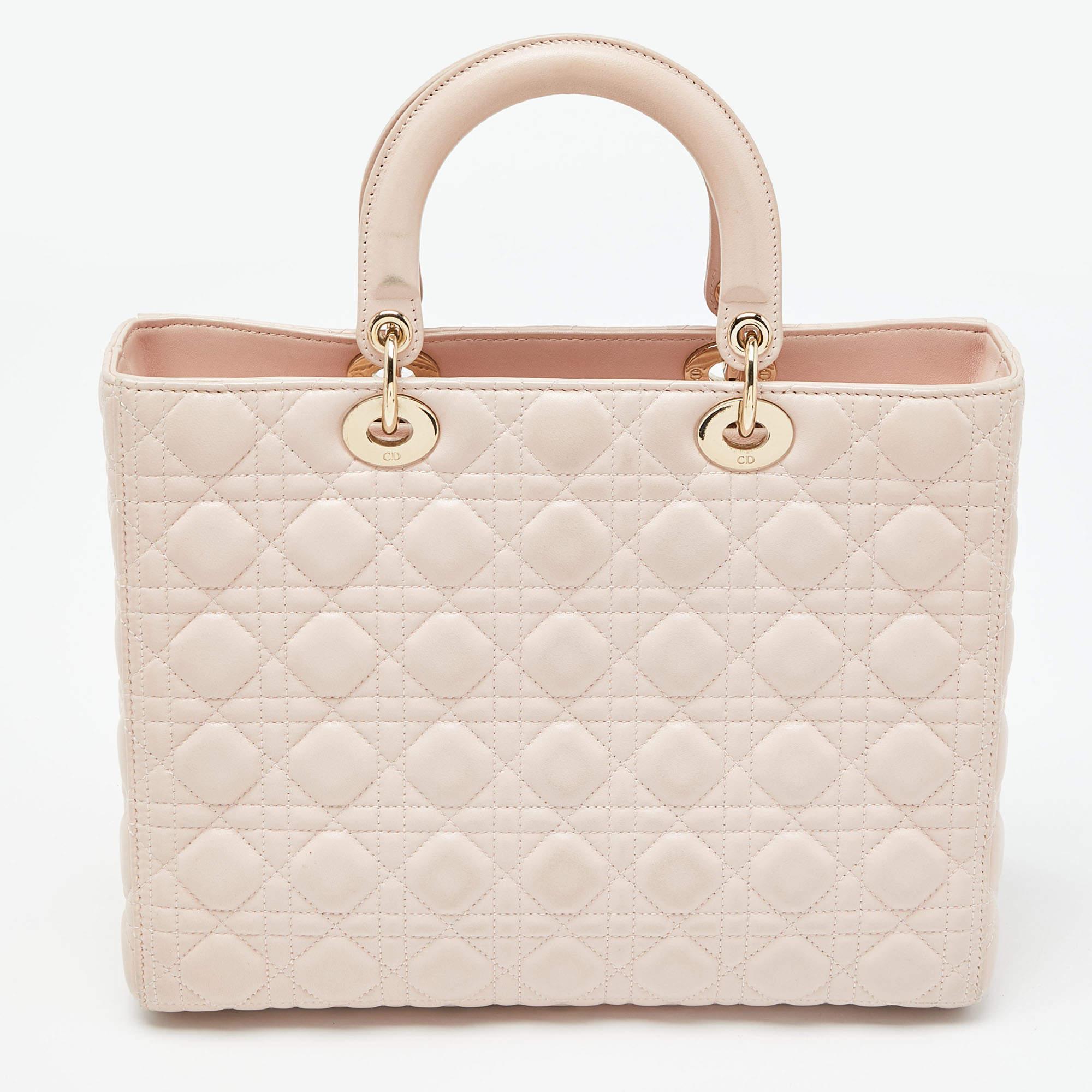 Dior Pink Cannage Leather Large Lady Dior Tote In Good Condition In Dubai, Al Qouz 2
