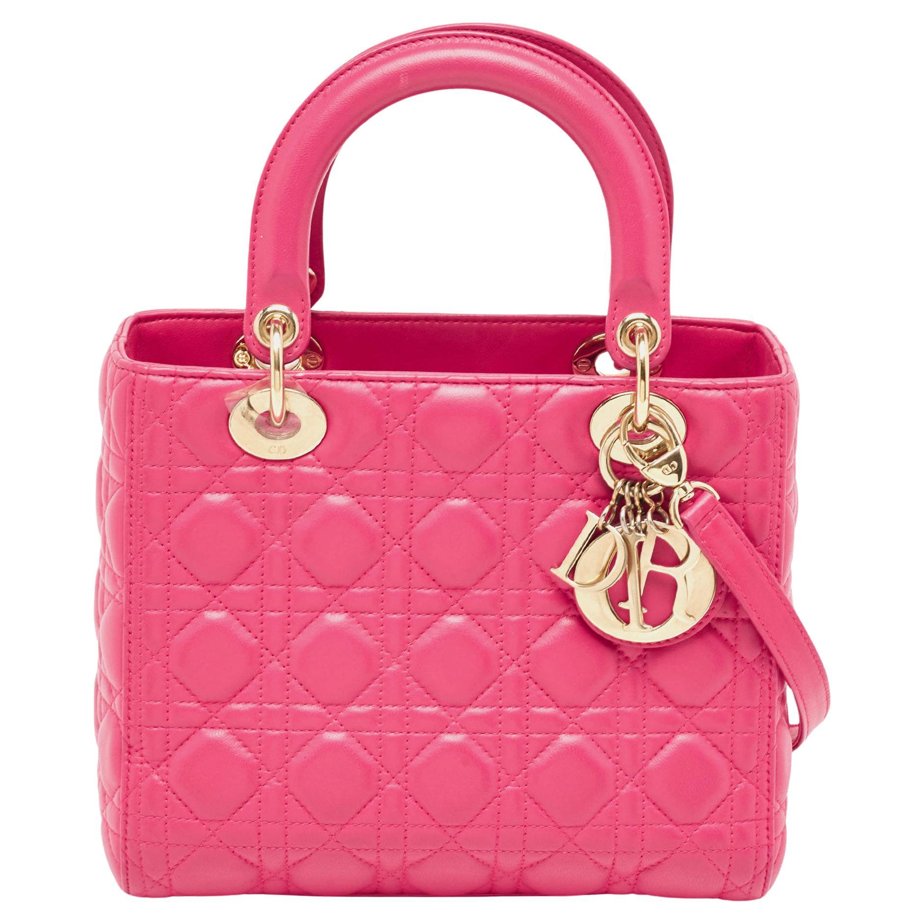 Dior Pink Cannage Leather Medium Lady Dior Tote For Sale