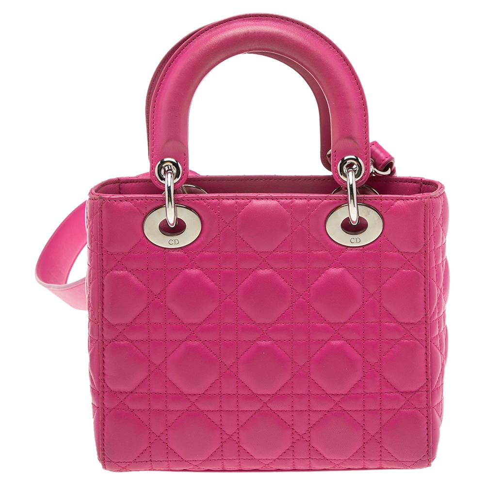 The Lady Dior tote is a Dior creation that has gained recognition worldwide and is today a coveted bag that every fashionista craves to possess. This pink tote has been crafted from leather and it carries the signature Cannage quilt. It is equipped