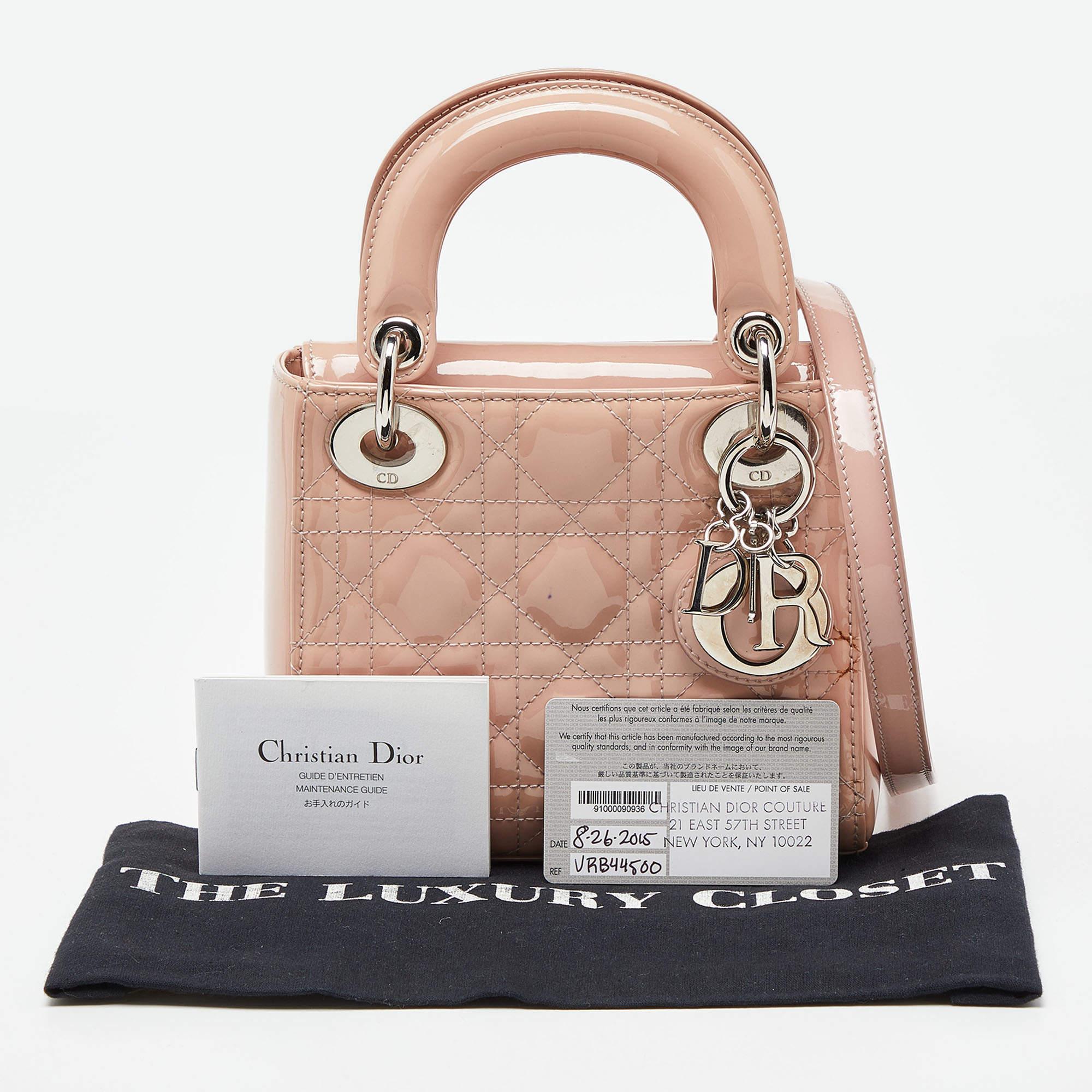Dior Pink Cannage Patent Leather Mini Lady Dior Tote For Sale 10