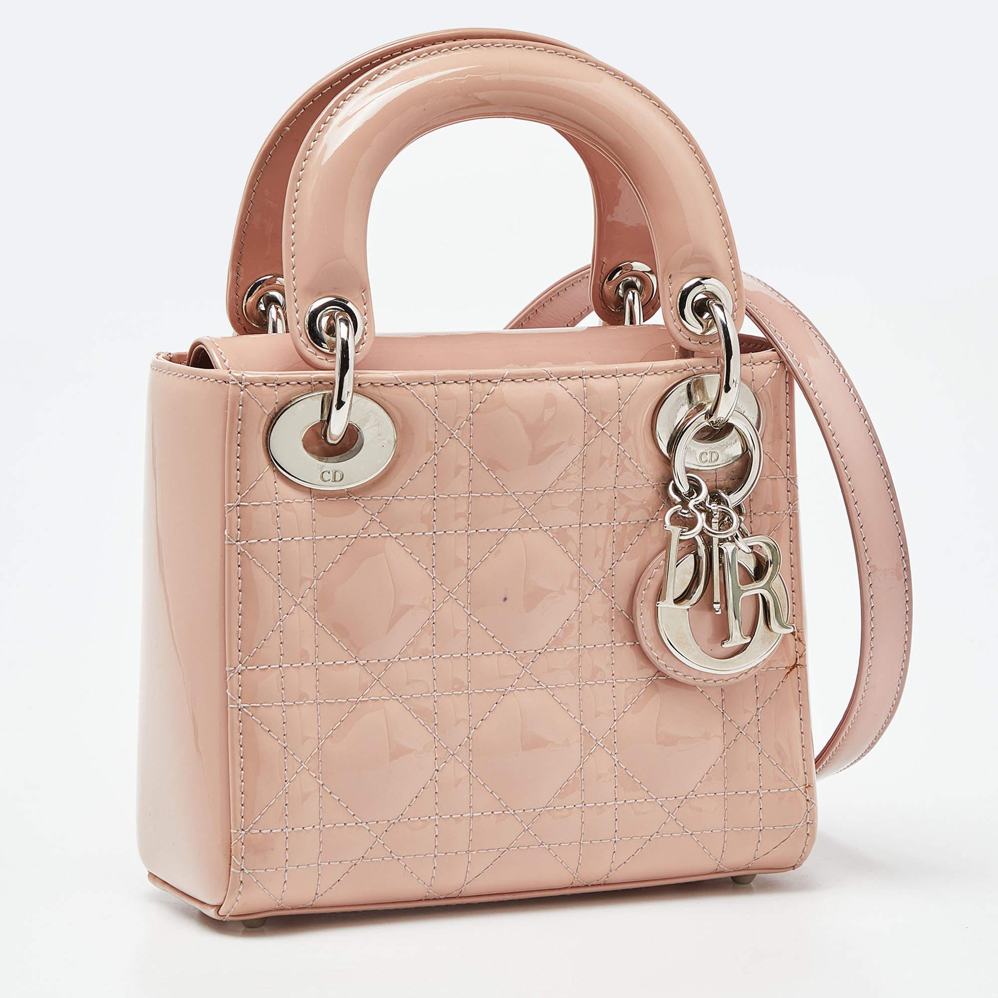 Dior Pink Cannage Patent Leather Mini Lady Dior Tote In Good Condition For Sale In Dubai, Al Qouz 2