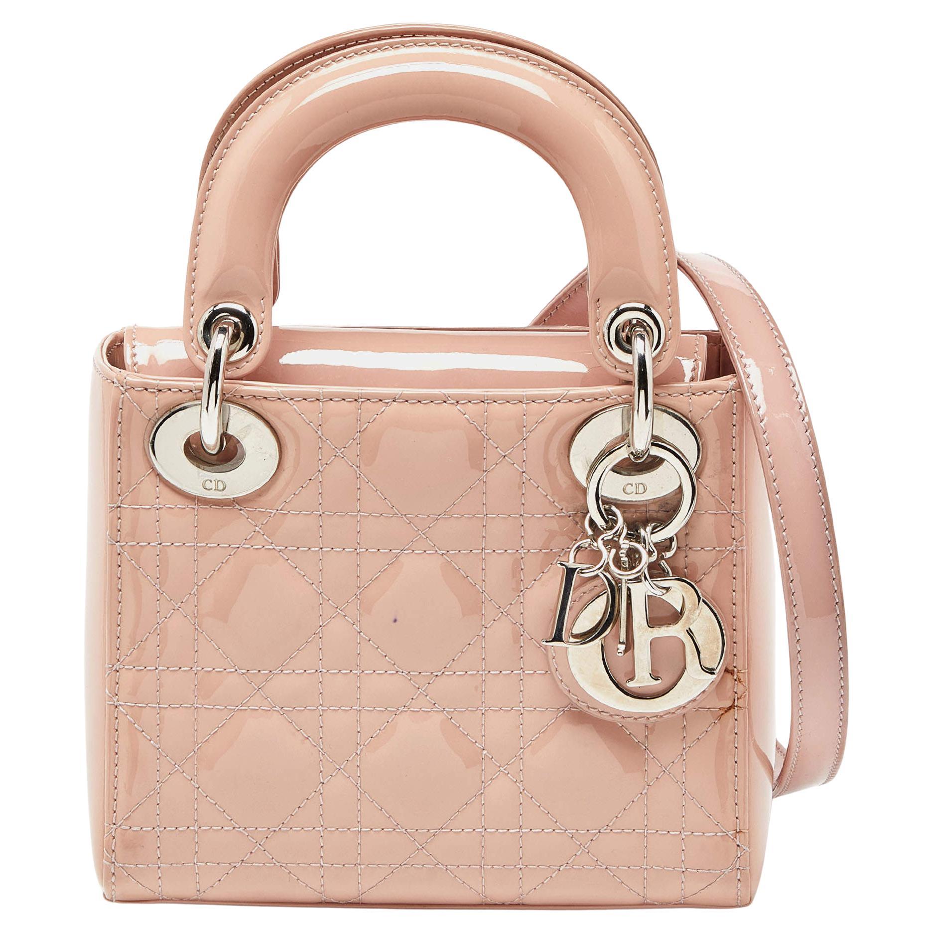 Dior Pink Cannage Patent Leather Mini Lady Dior Tote For Sale