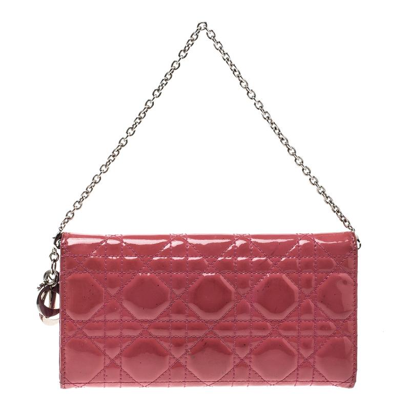 Women's Dior Pink Cannage Patent Leather Wallet on Chain