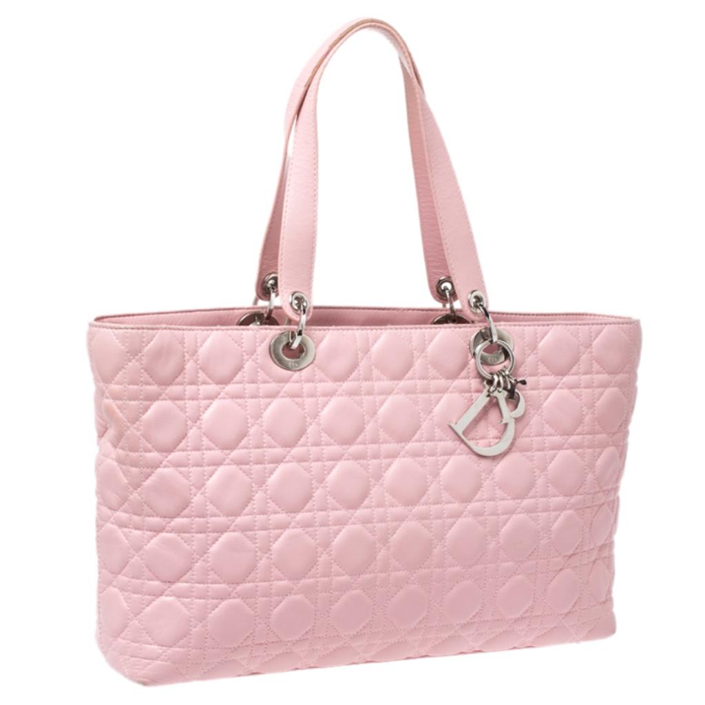 Dior Pink Cannage Quilted Leather Tote Bag In Good Condition In Dubai, Al Qouz 2