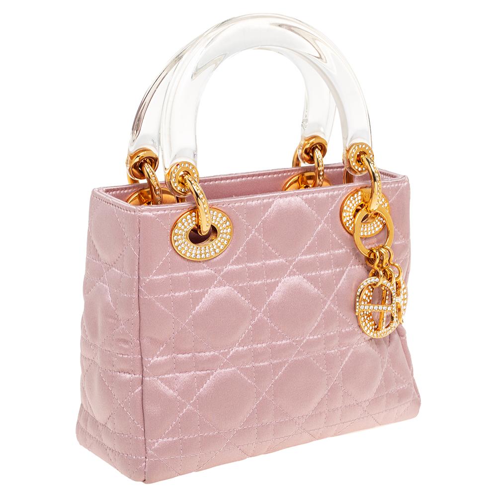 Beige Dior Pink Cannage Satin Mini Lady Dior Chain Tote