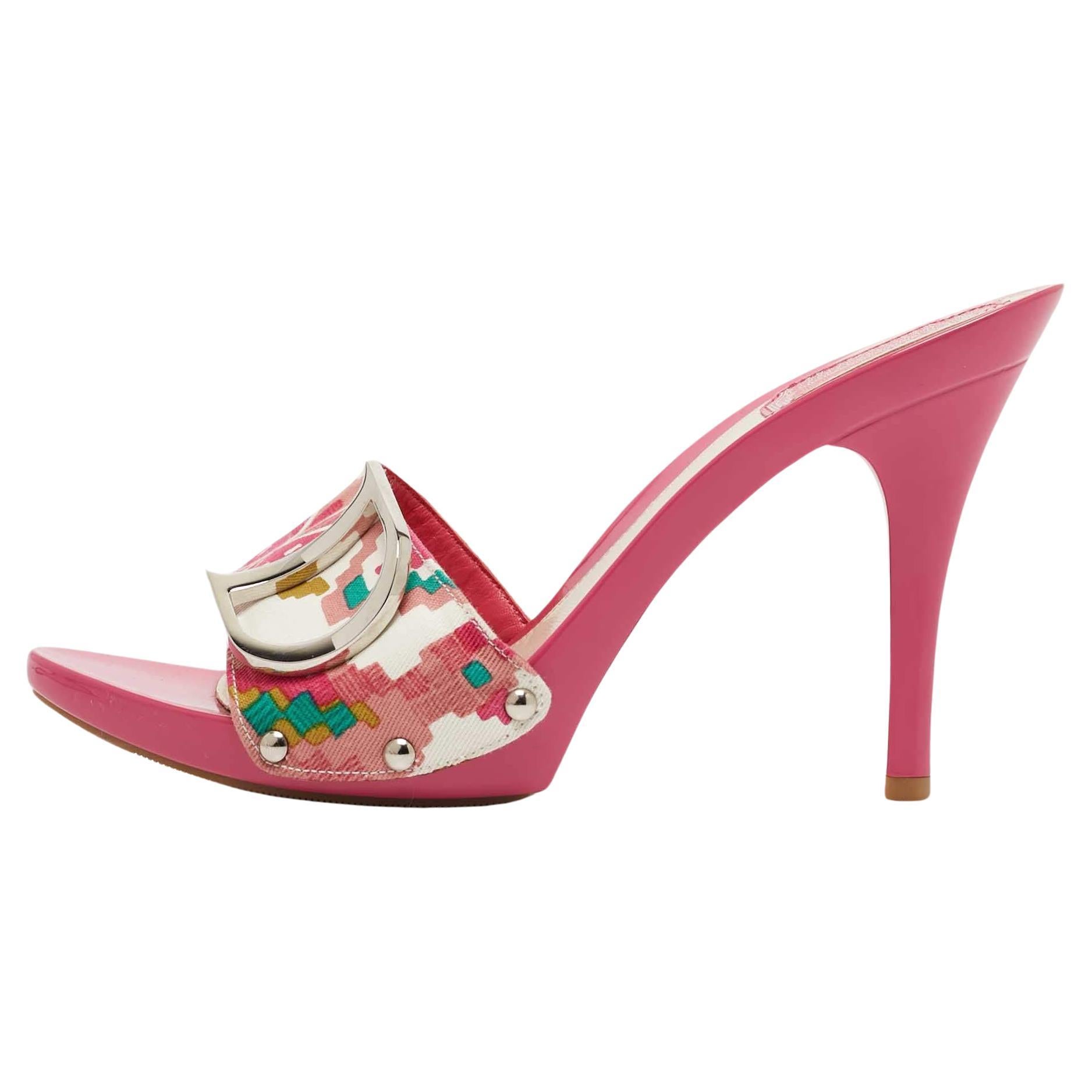 Dior Pink Canvas D logo Slide Sandals Size 38.5