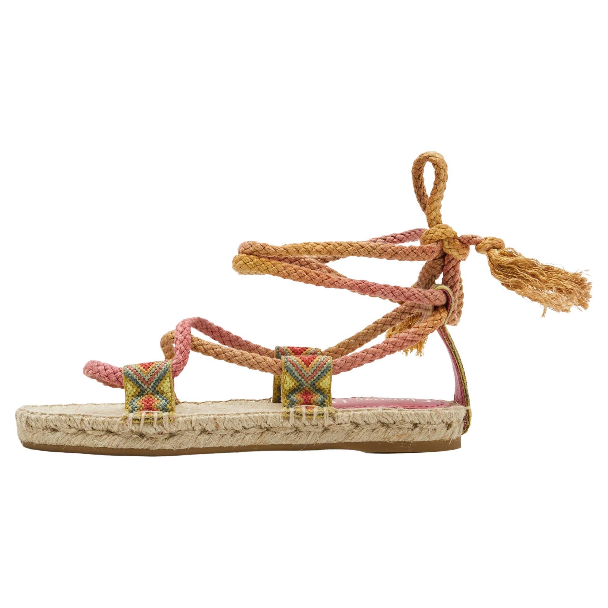 Dior Pink Cotton Blend Diorexpress Ankle Wrap Espadrille Sandals Size 34.5