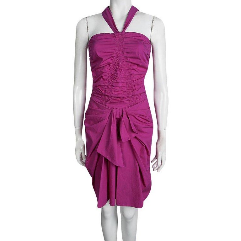 Dior Pink Cotton Ruched Bow Detail Halter Dress S For Sale at 1stDibs