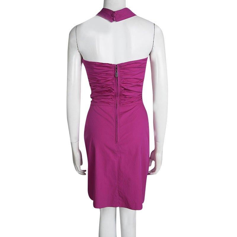 Dior Pink Cotton Ruched Bow Detail Halter Dress S In Good Condition In Dubai, Al Qouz 2