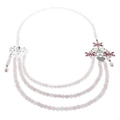 Dior Pink Crystal Heart Flower Motif Rose Quartz Beads Multistrand Necklace