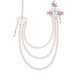 Dior Pink Crystal Heart Flower Motif Rose Quartz Beads Multistrand Necklace