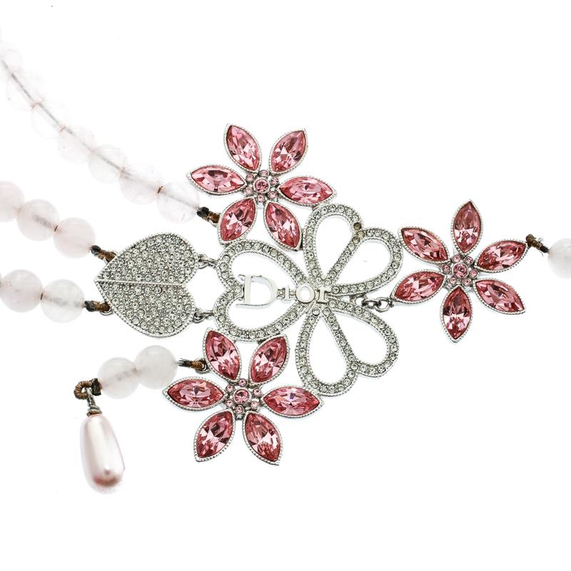 Contemporary Dior Pink Crystal Heart Flower Motif Rose Quartz Beads Multistrand Necklace