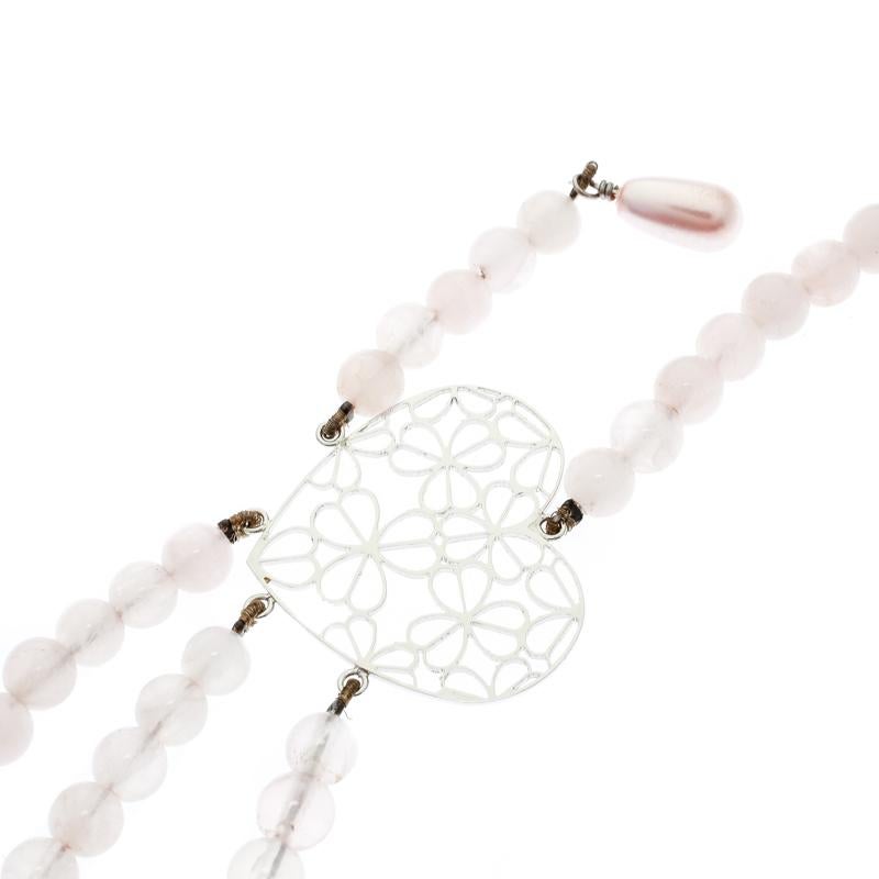 Dior Pink Crystal Heart Flower Motif Rose Quartz Beads Multistrand Necklace In Good Condition In Dubai, Al Qouz 2