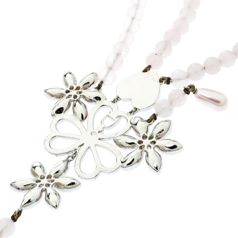 Women's Dior Pink Crystal Heart Flower Motif Rose Quartz Beads Multistrand Necklace