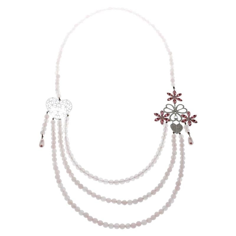 Dior Pink Crystal Heart Flower Motif Rose Quartz Beads Multistrand Necklace