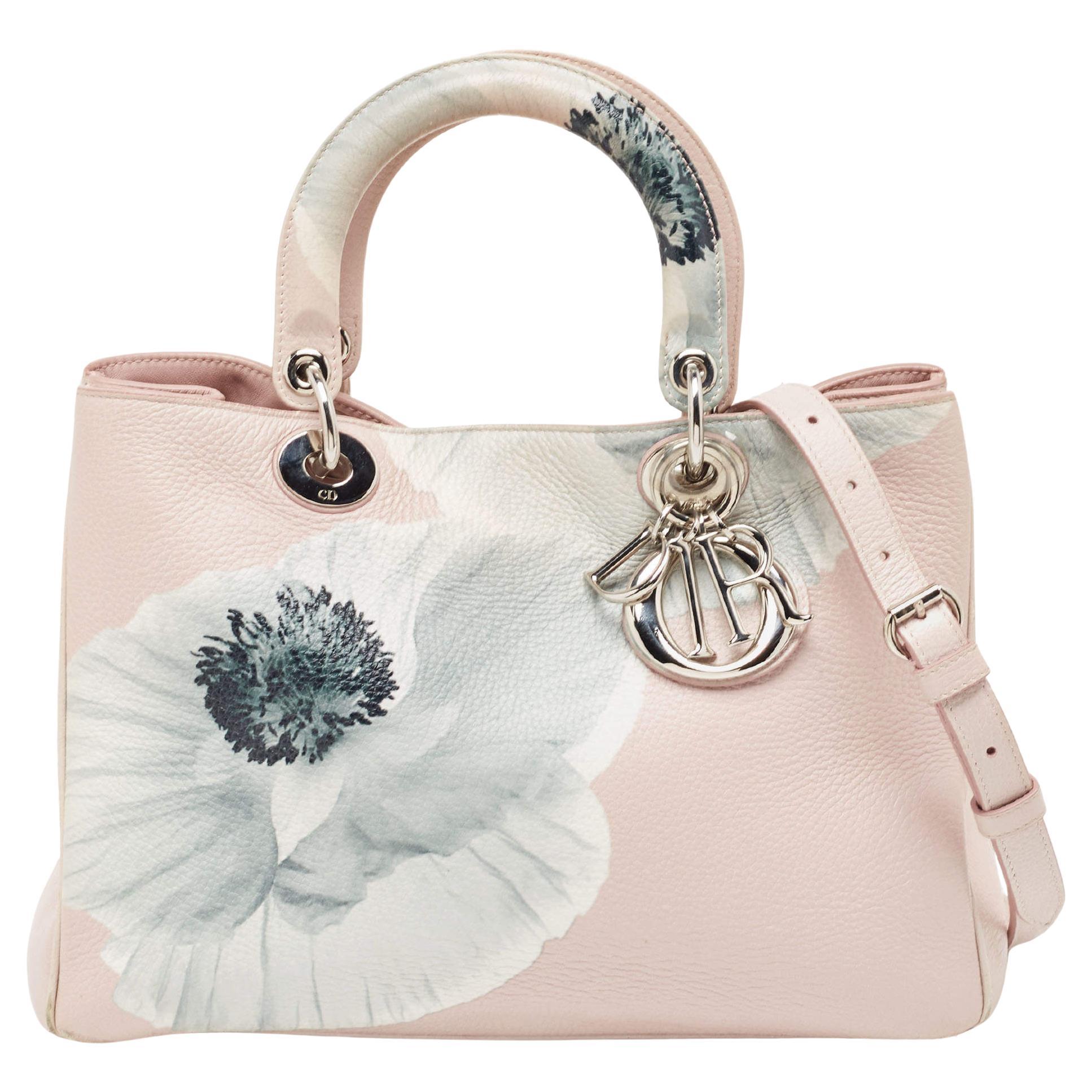 Dior Pink Floral Print Leather Medium Diorissimo Shopper Tote For Sale