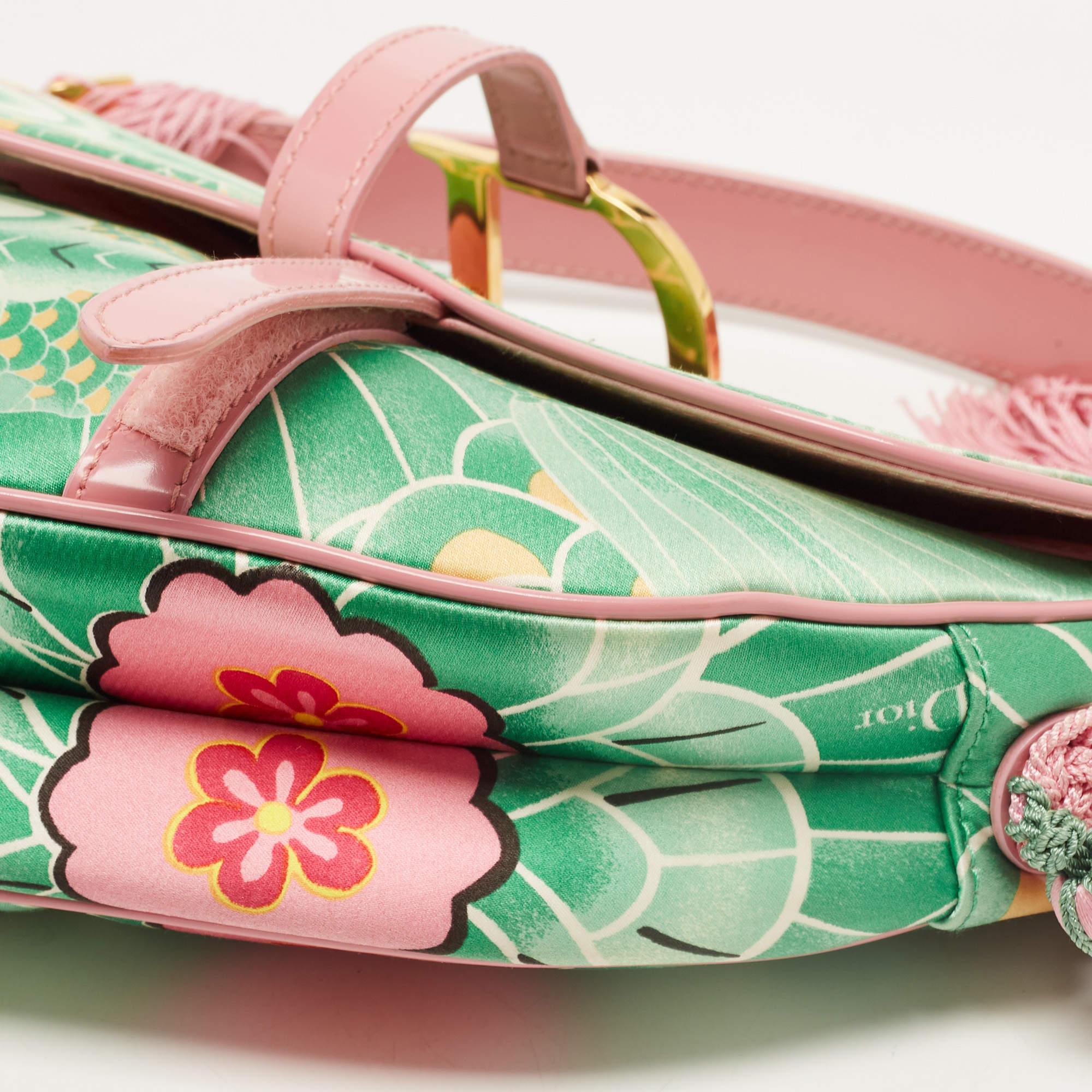 Dior Pink/Green Printed Satin and Glazed Leather Limited Edition 0705 Saddle Bag 6