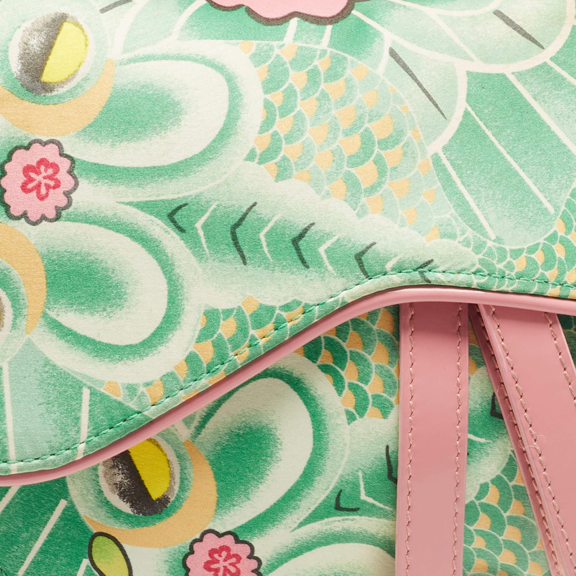Dior Pink/Green Printed Satin and Glazed Leather Limited Edition 0705 Saddle Bag 7