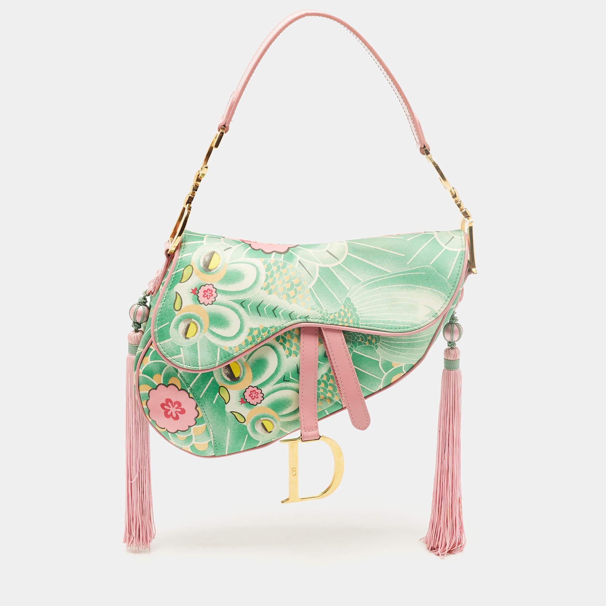 Women's Dior Pink/Green Printed Satin and Glazed Leather Limited Edition 0705 Saddle Bag