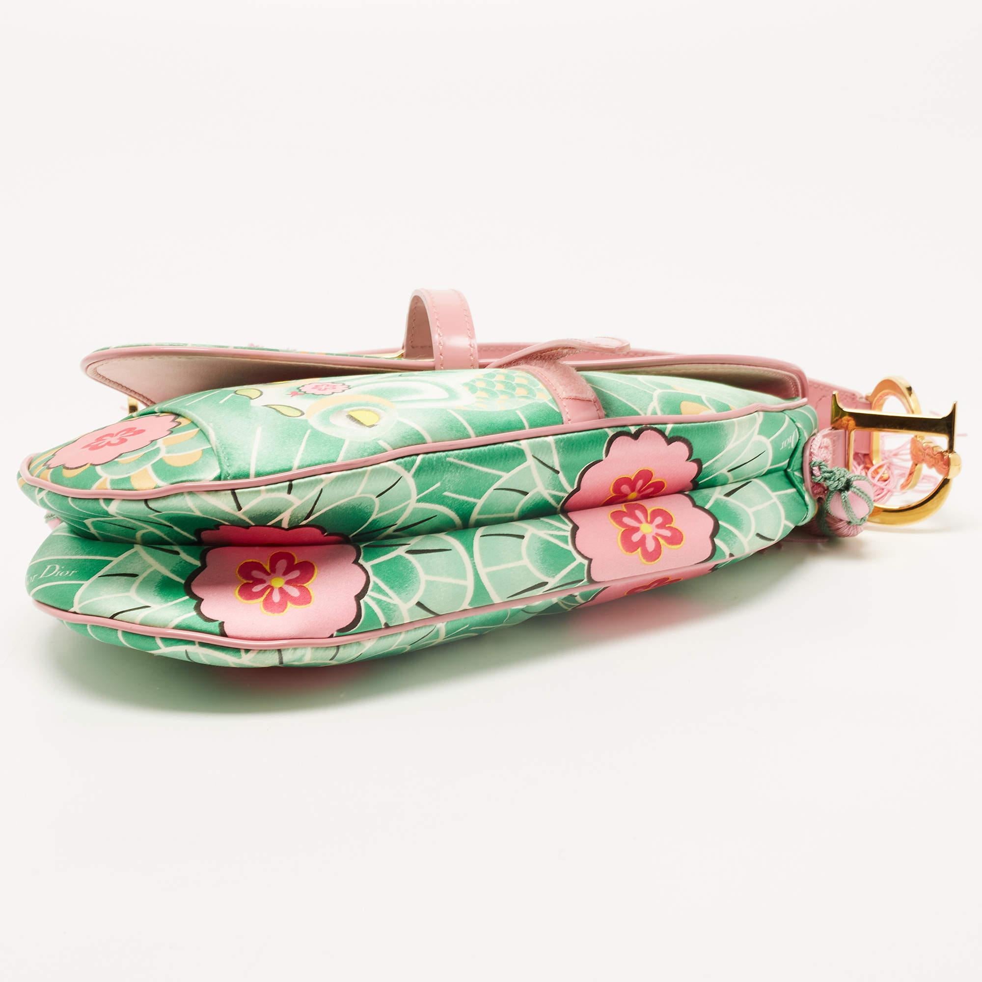Dior Pink/Green Printed Satin and Glazed Leather Limited Edition 0705 Saddle Bag 1