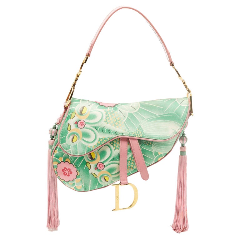 Dior Pink/Green Printed Satin and Glazed Leather Limited Edition 0705 Saddle  Bag at 1stDibs