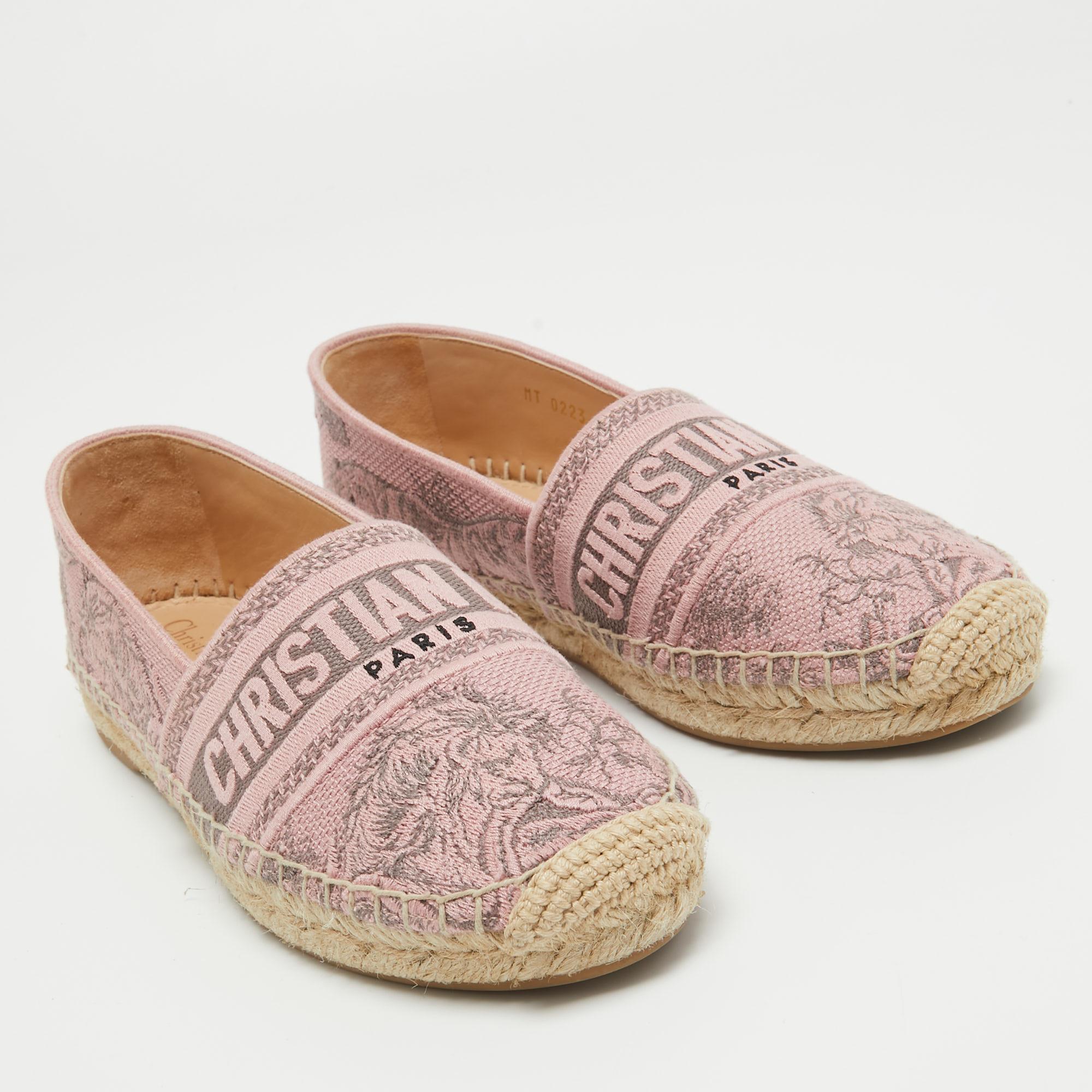 Dior Pink/Grey Embroidered Canvas Granville Espadrille Flats Size 36.5 2