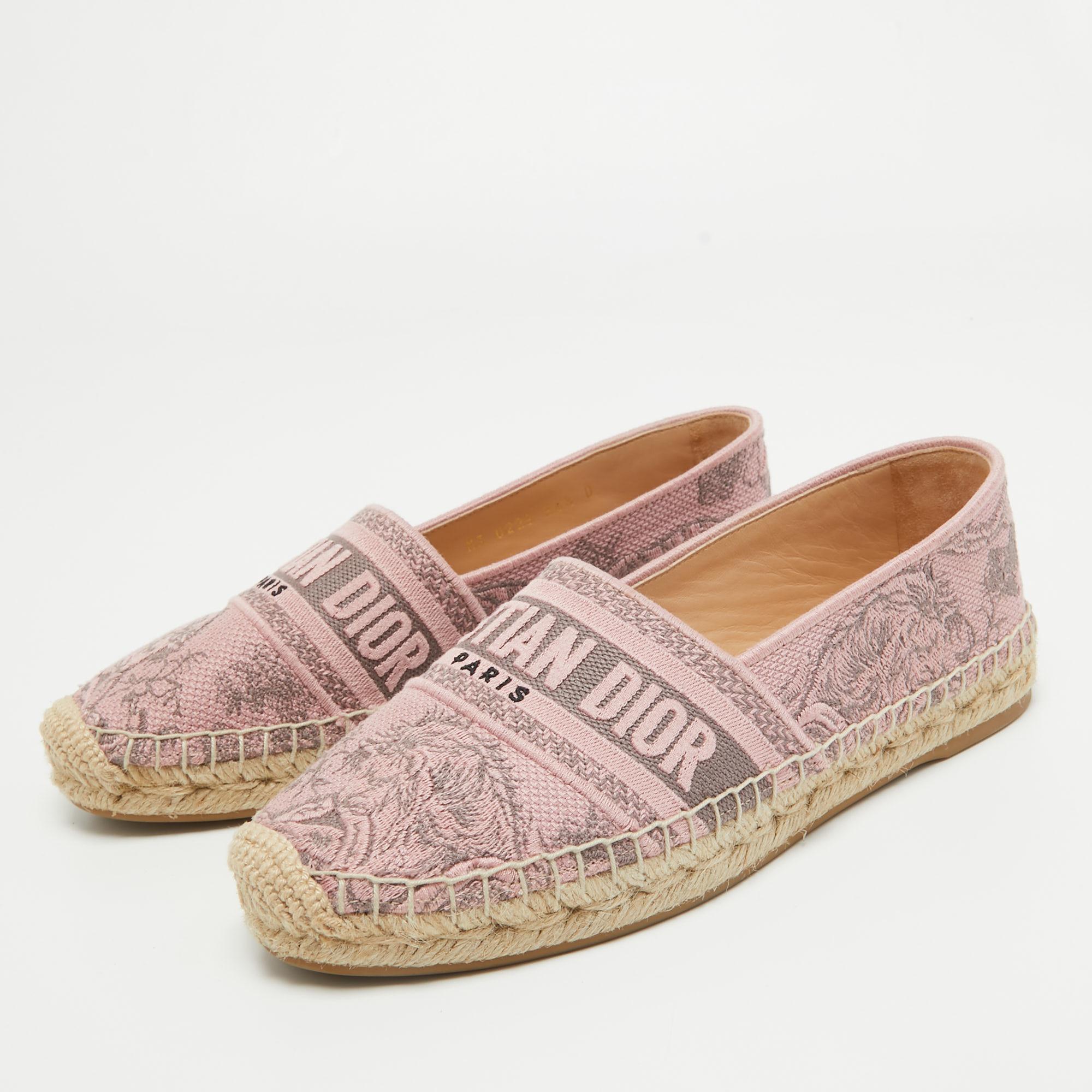 Dior Pink/Grey Embroidered Canvas Granville Espadrille Flats Size 36.5 4