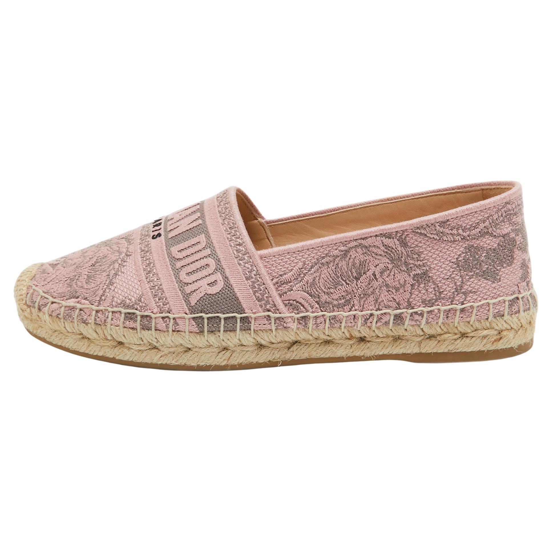 Dior Pink/Grey Embroidered Canvas Granville Espadrille Flats Size 36.5
