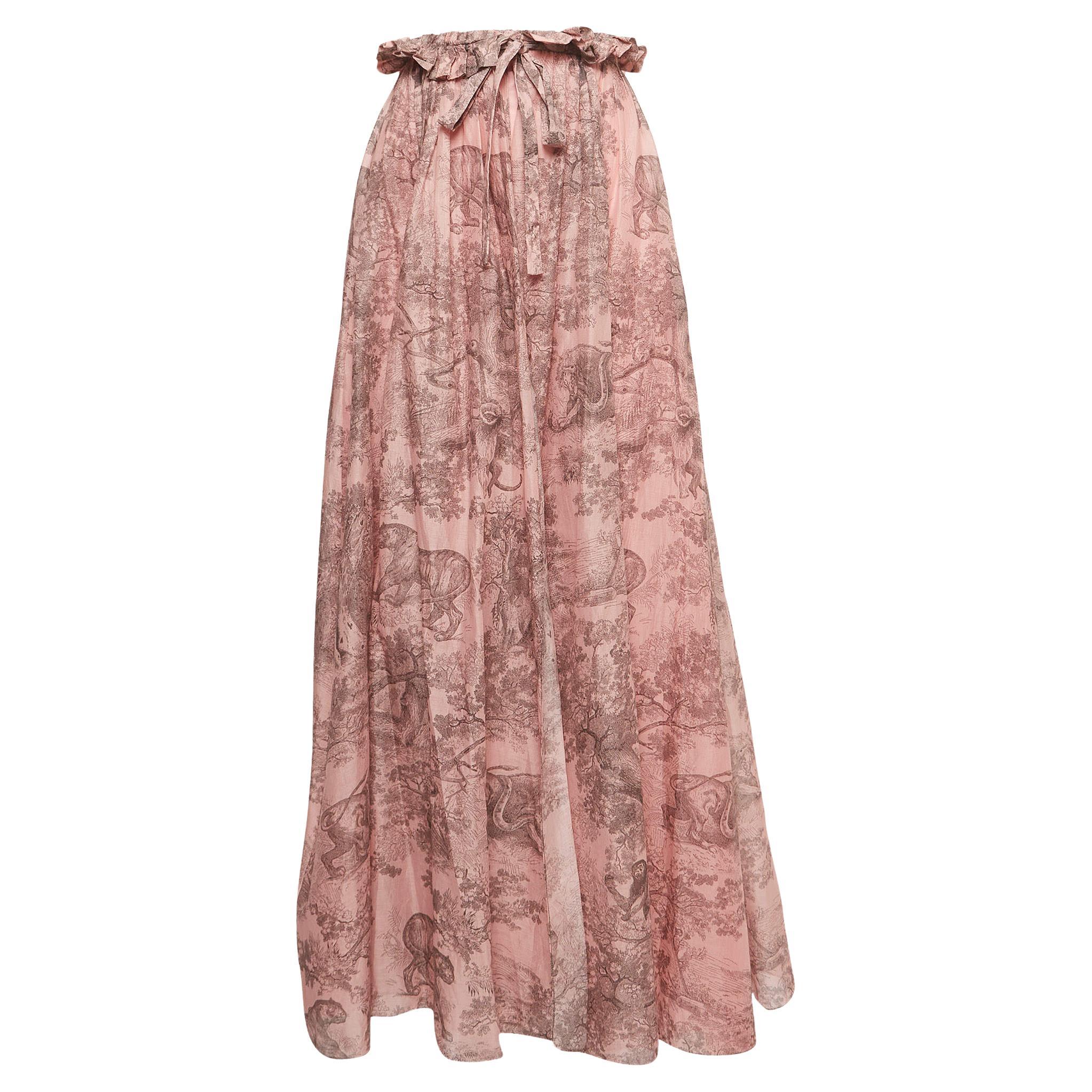 Dior Pink Jungle Print Cotton Gathered Layered Dioriviera Maxi Skirt L For Sale