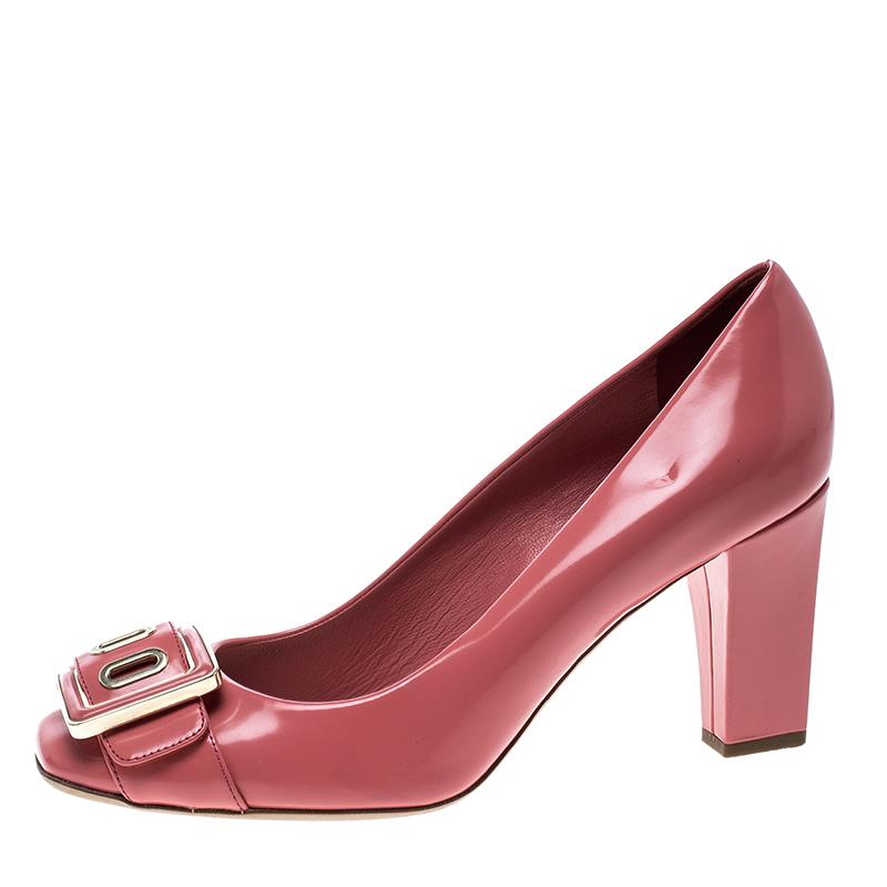Dior Pink Leather Buckle Detail Block Heel Pumps Size 36.5 1