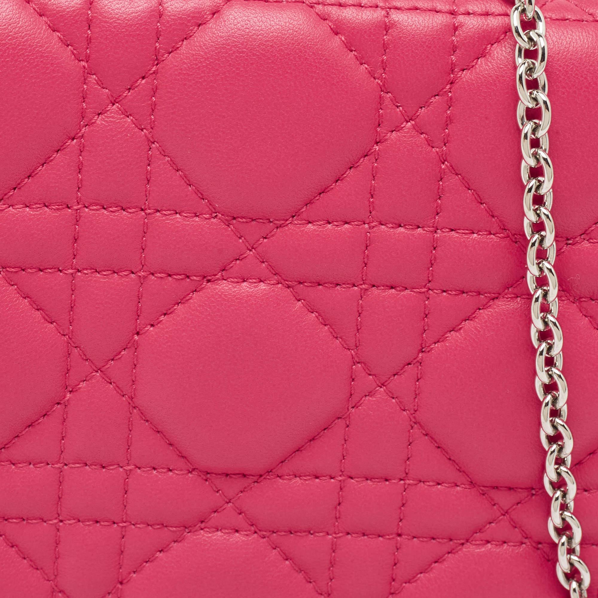 Dior Pink Leather Lady Dior Chain Pouch For Sale 8