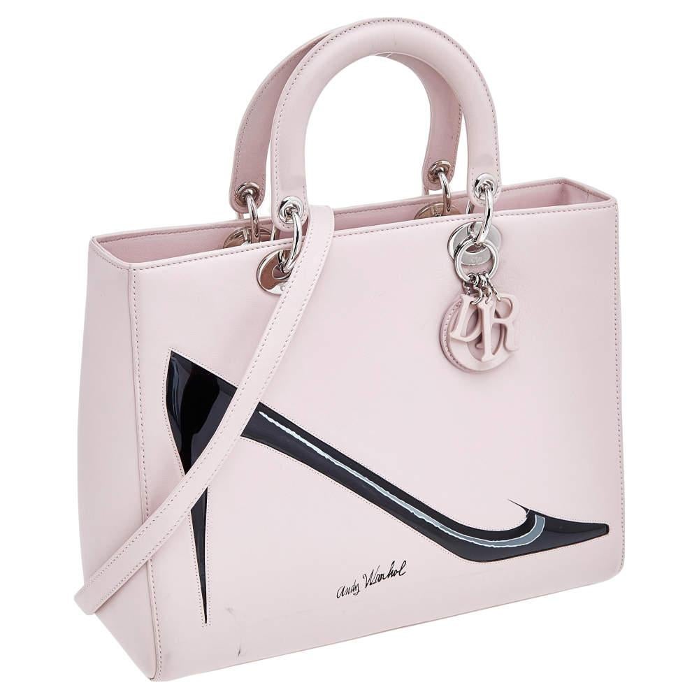 Dior Pink Leather Large Limited Edition Andy Warhol Lady Dior Tote In Good Condition In Dubai, Al Qouz 2
