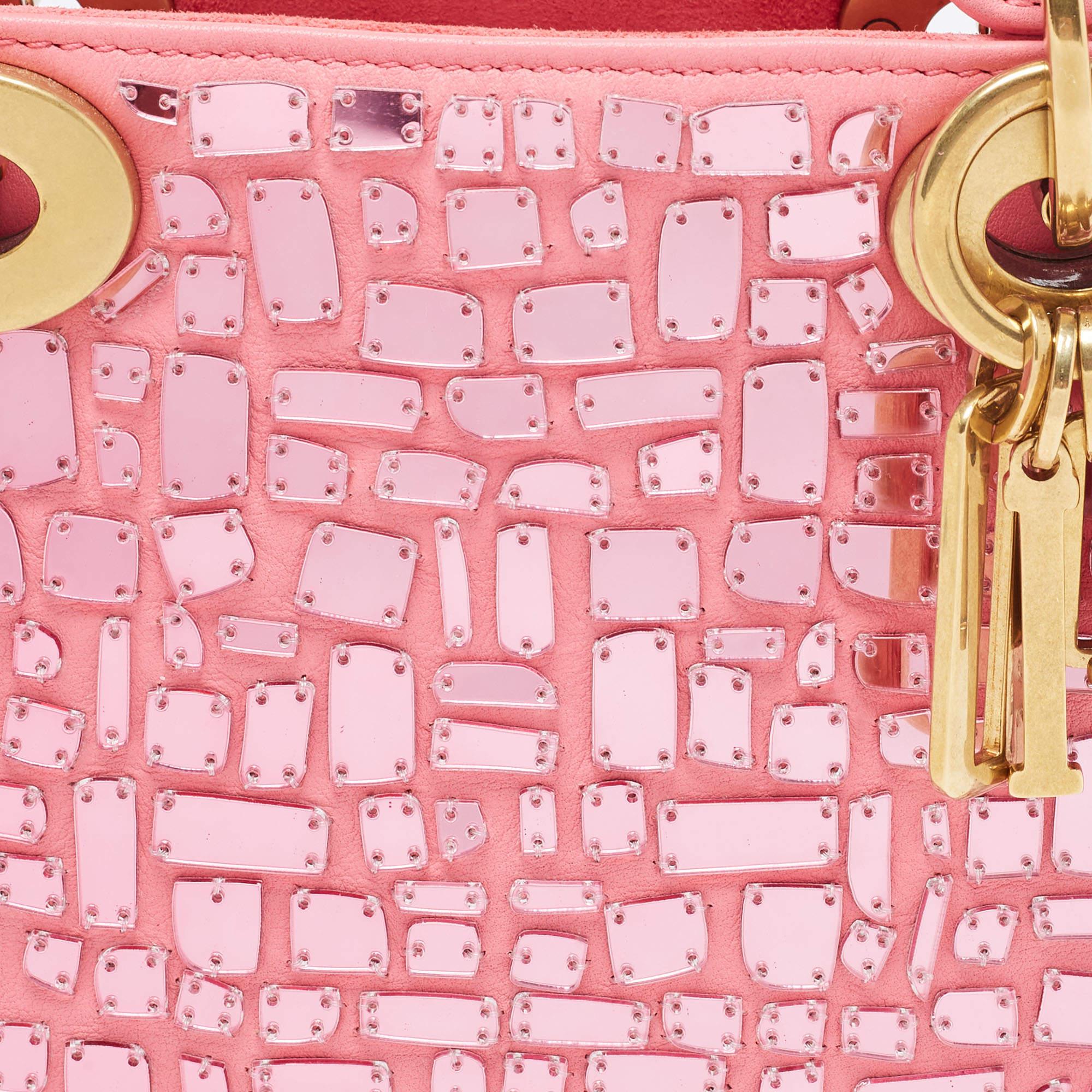 Dior Pink Leather Mini Mosaic Of Mirrors Lady Dior Tote 7