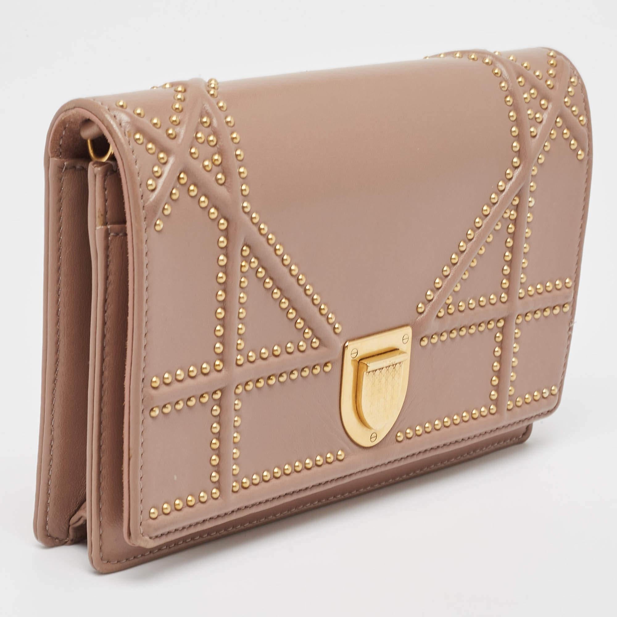 Brown Dior Pink Leather Studded Diorama Wallet on Chain
