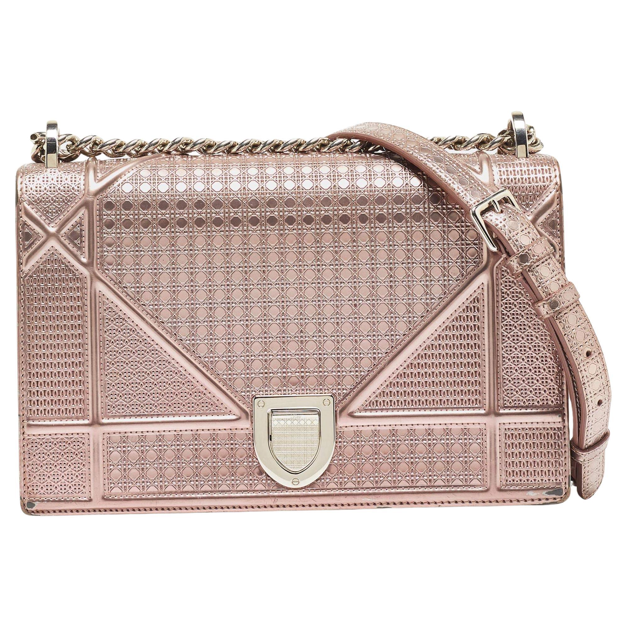 Dior Pink Microcannage Patent and Leather Medium Diorama Flap Shoulder Bag For Sale