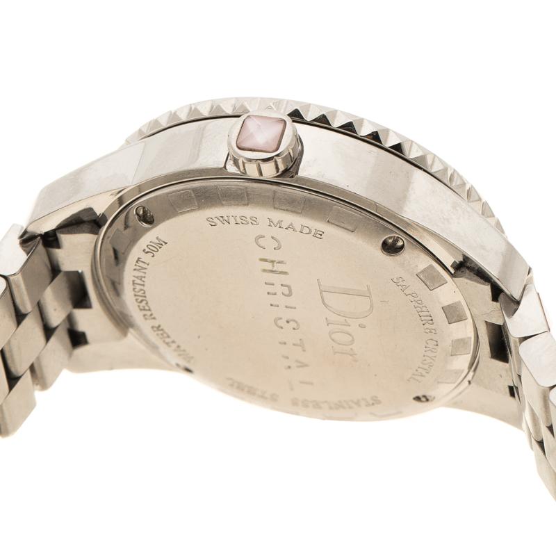 Contemporary Dior Pink Mother of Pearl Diamond Studded Stainless Steel Christal Women's Wrist