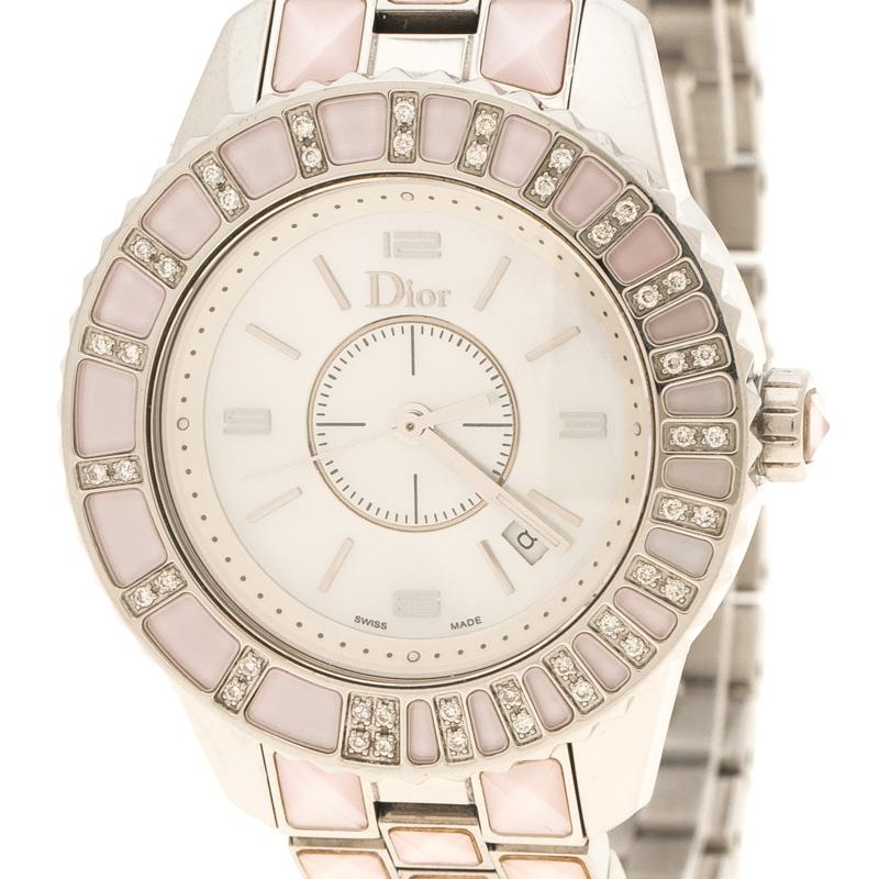 Dior Pink Mother of Pearl Diamond Studded Stainless Steel Christal Women's Wrist 1