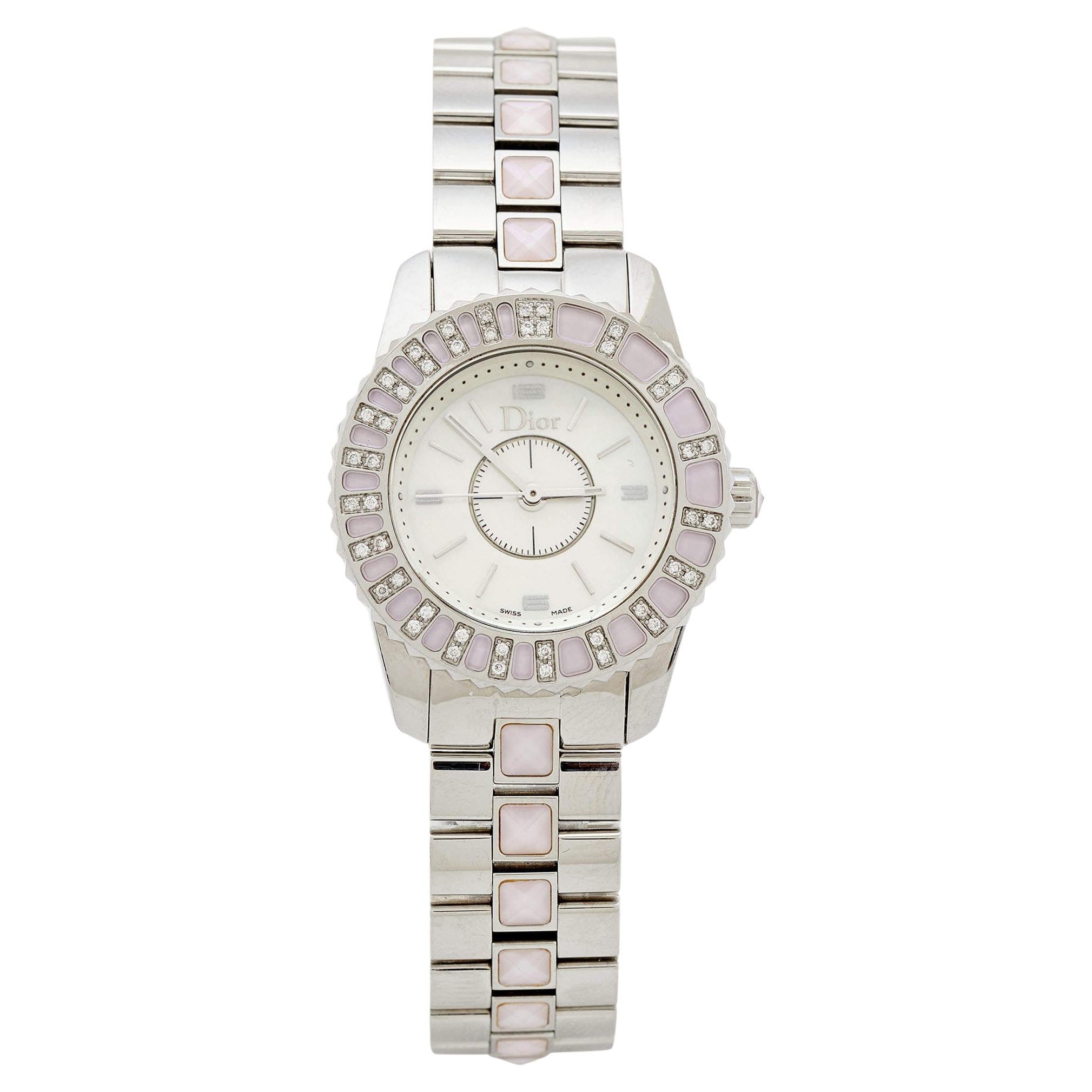 Dior Pink Mother Of Pearl Stainless Steel Diamond Christal Wristwatch 28 mm