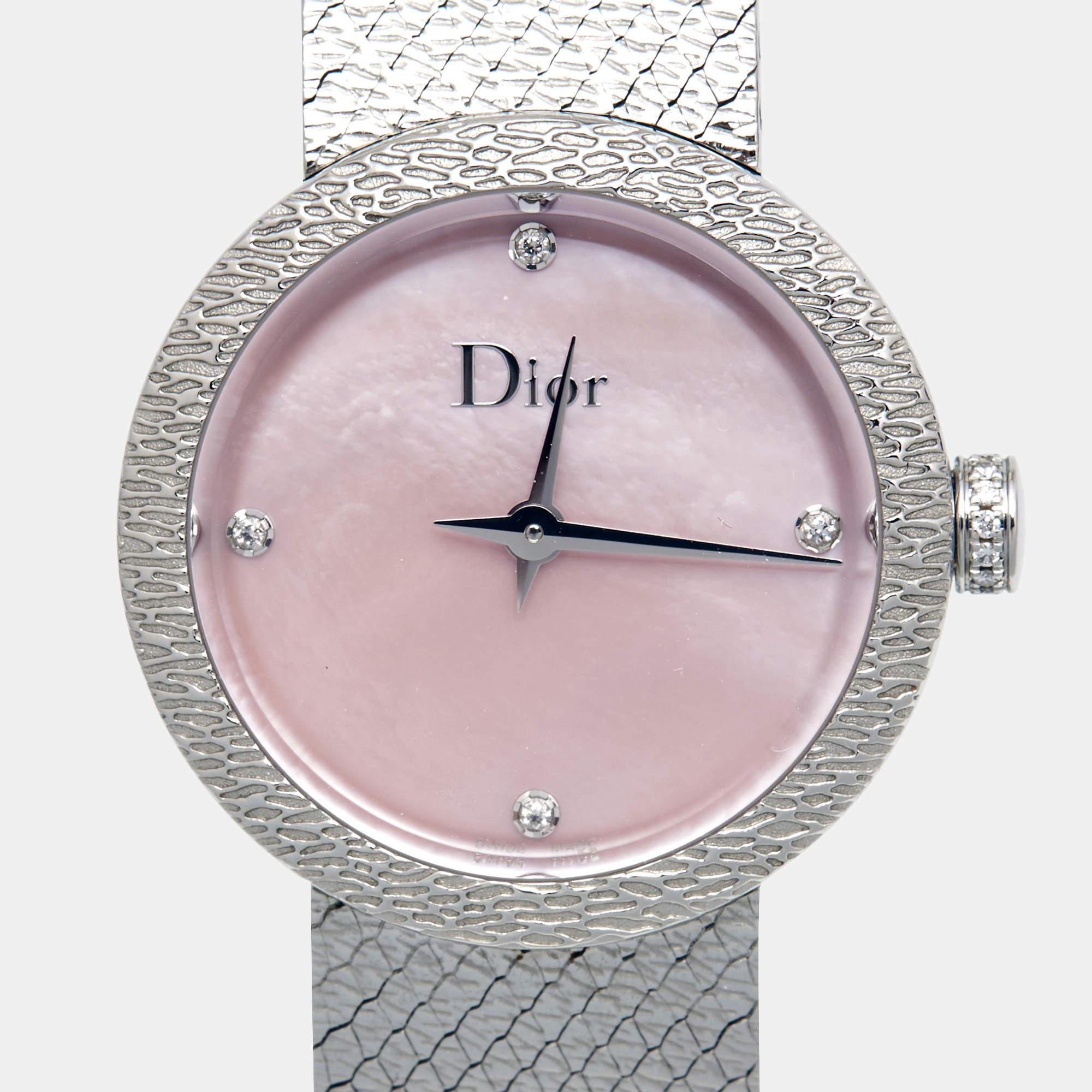 Uncut Dior Pink Mother of Pearl Steel Diamond La D De Dior Satine Wristwatch 25 mm