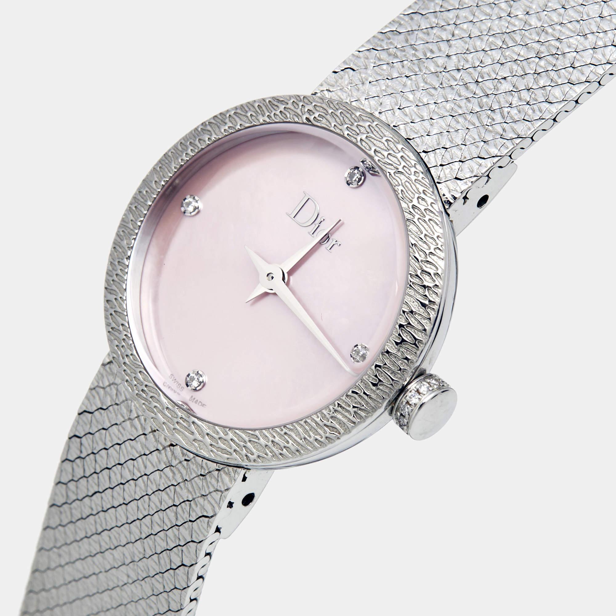 Dior Pink Mother of Pearl Steel Diamond La D De Dior Satine Wristwatch 25 mm In Good Condition In Dubai, Al Qouz 2