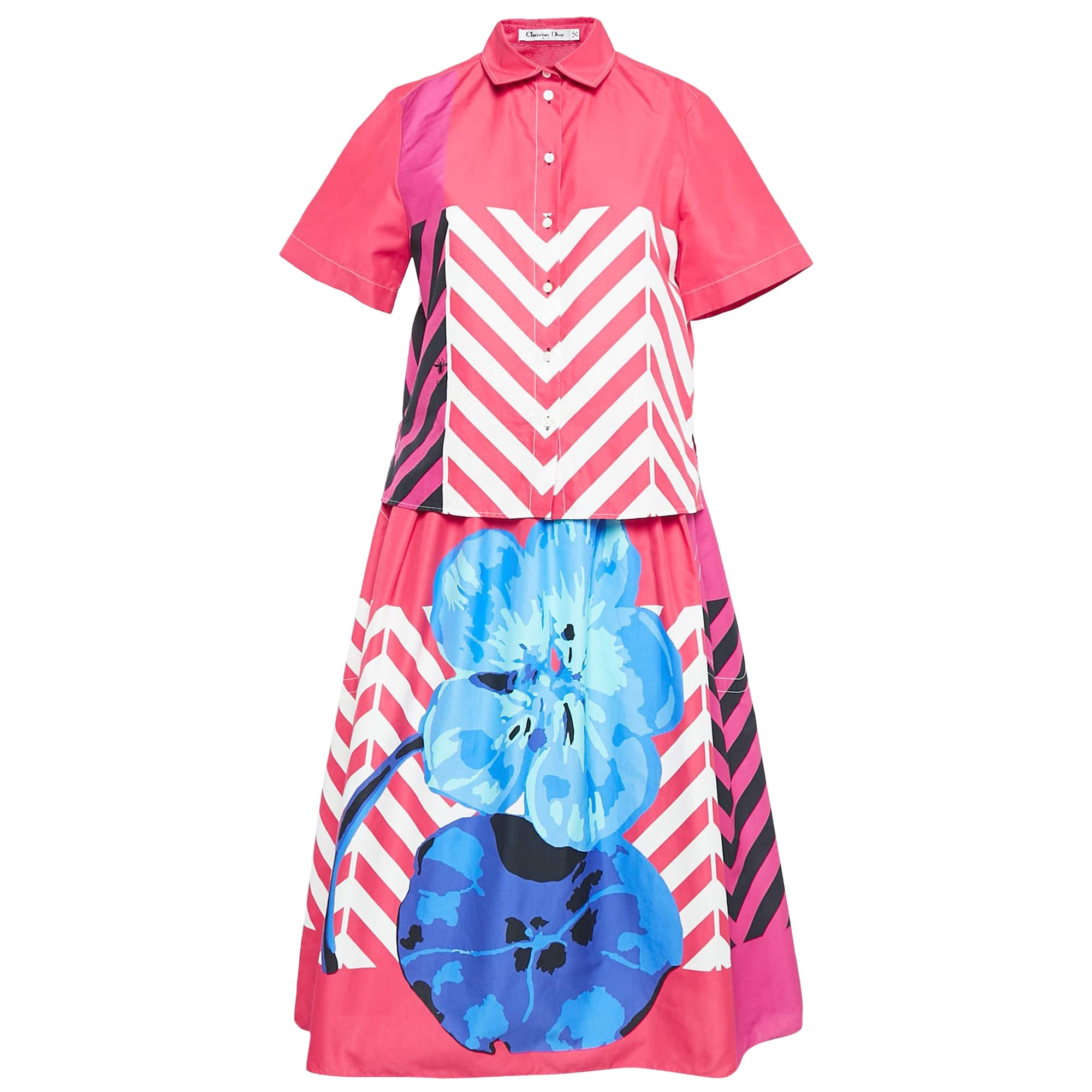 Dior Pink/Multicolor Printed Cotton Shirt and Skirt Set L