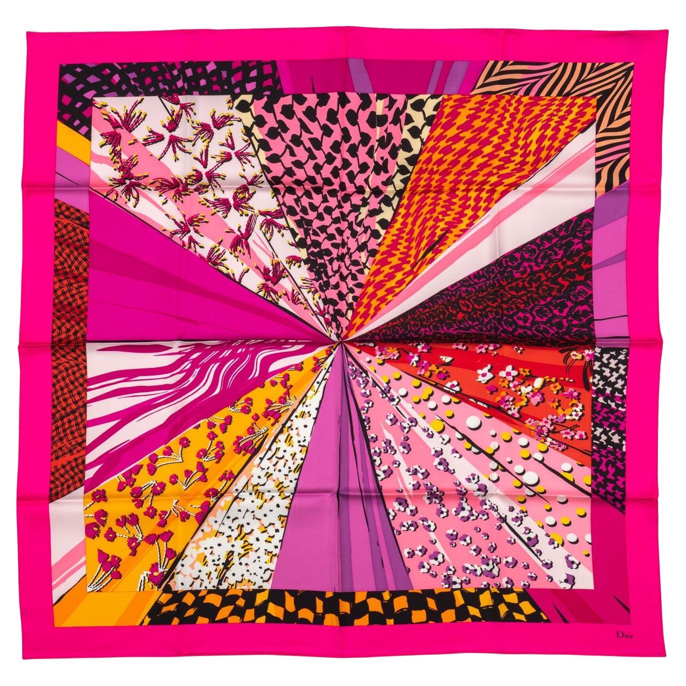 Dior Pink Multiple Pattern Silk Scarf For Sale