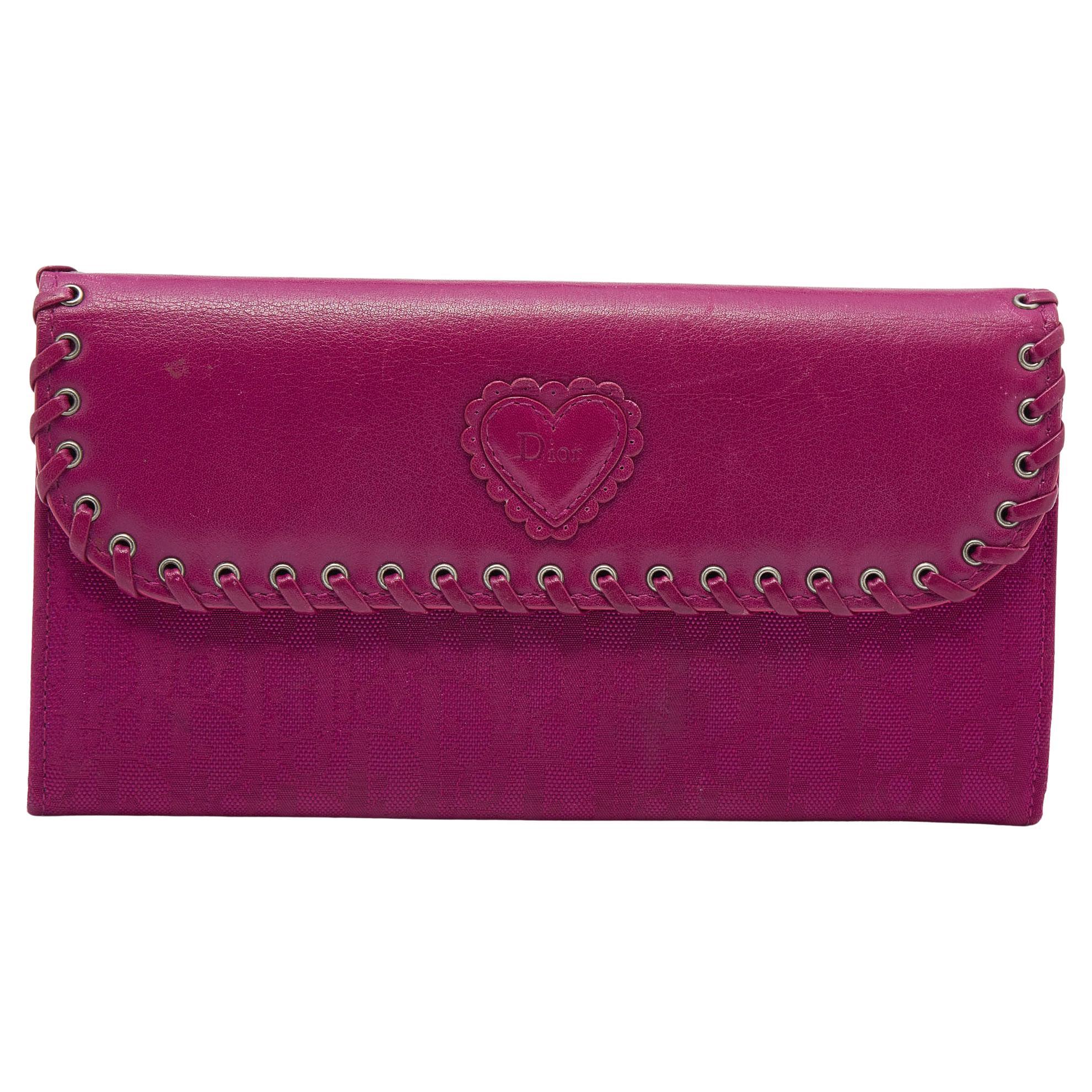 Dior Pink Oblique Canvas and Leather Trim Flap Continental Wallet