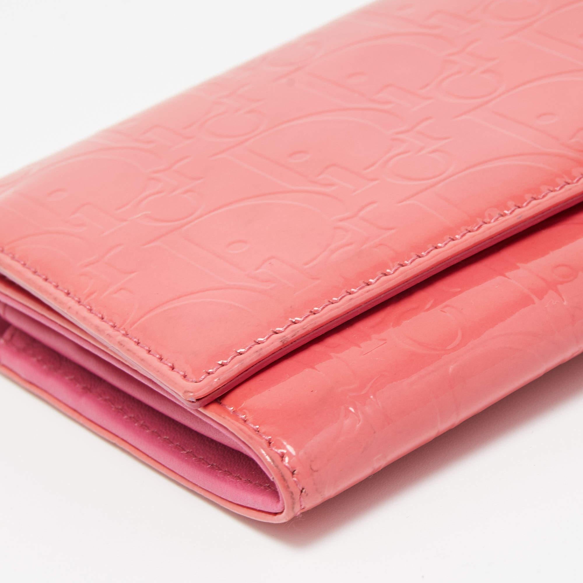 Dior Pink Oblique Embossed Patent Leather Continental Wallet For Sale 6