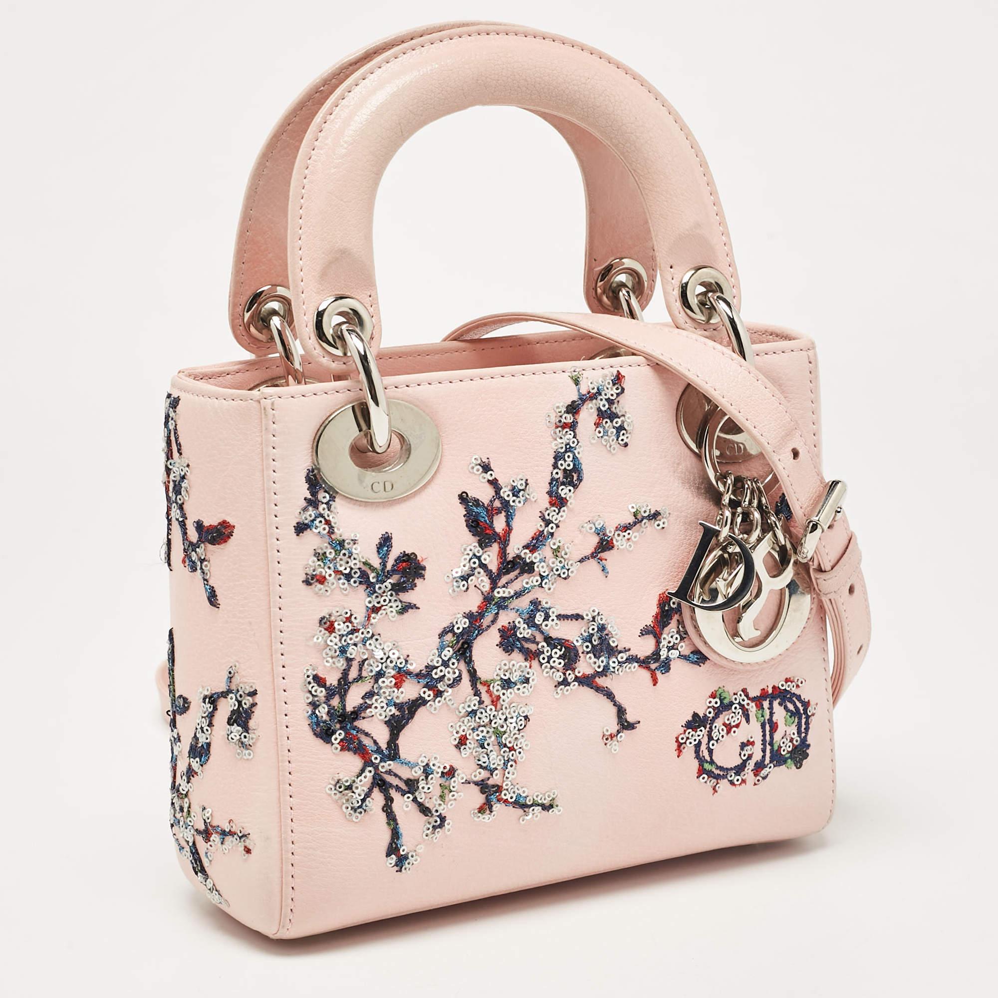 Beige Dior Pink Ombre Leather Sequins Embellished Mini Lady Dior Tote