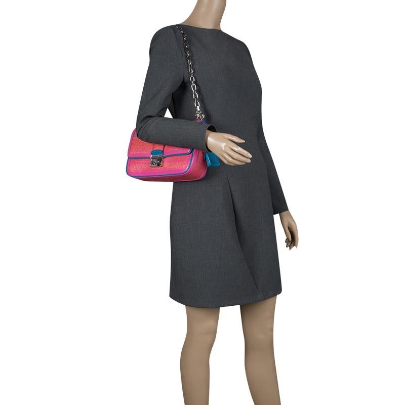 Dior Pink/Orange Raffia and Leather Miss Dior Medium Flap Bag In Good Condition In Dubai, Al Qouz 2