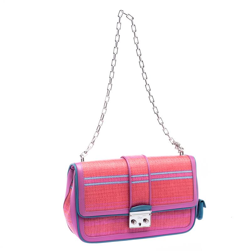 Women's Dior Pink/Orange Raffia and Leather Miss Dior Medium Flap Bag