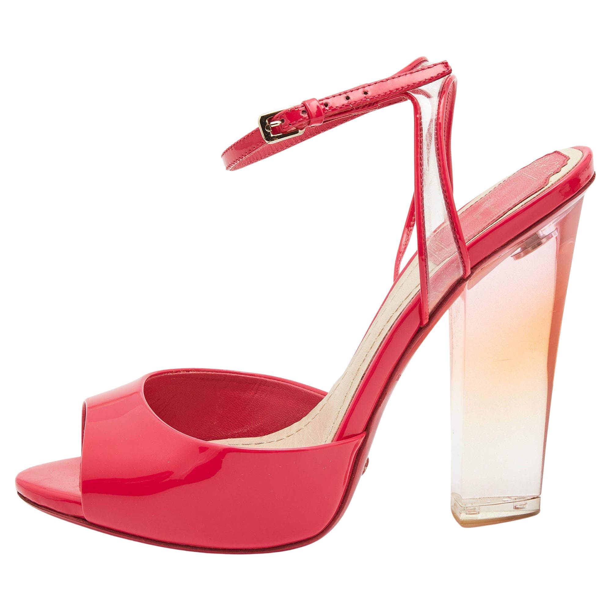 Dior Pink Patent and PVC Plexi Clear Block Ankle Strap Sandals Size 36 For Sale