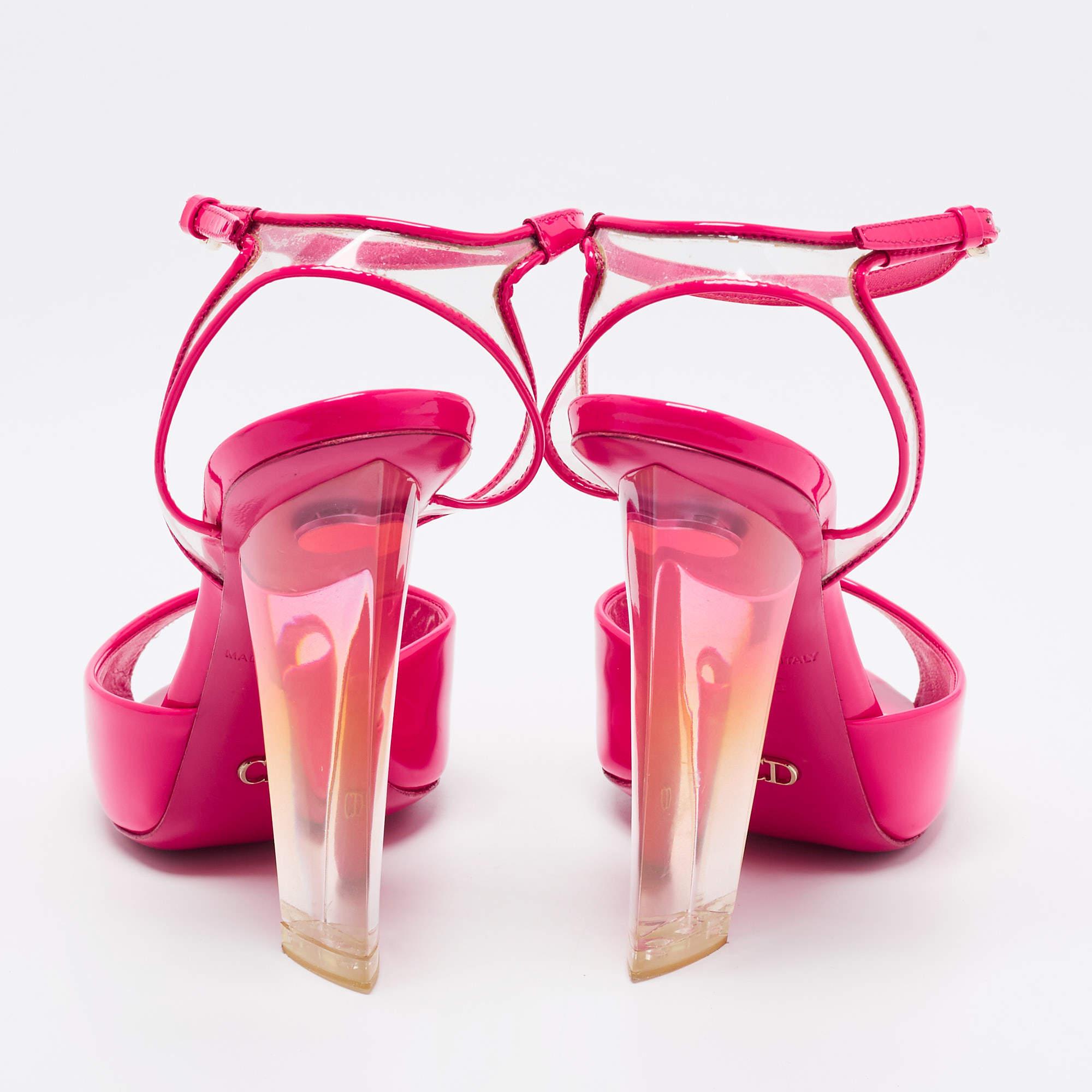 Dior Pink Patent Leather and PVC Clear Block Heels Ankle-Strap Sandals Size 35 1